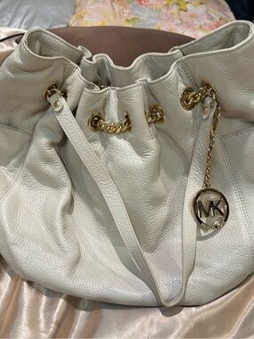 Michael Kors Ivory Leather Drawstring Hobo with Gold Accents